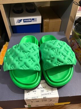 Louis Vuitton Bright Green pillow pool slides